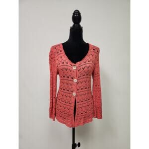 Putorti Women's Coral Crochet Cardigan Sweater With Mother Of Pearl Buttons M